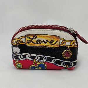 Brighton Love Charm Coin Purse Pouch Red Black Leather Chain Print Hearts TC